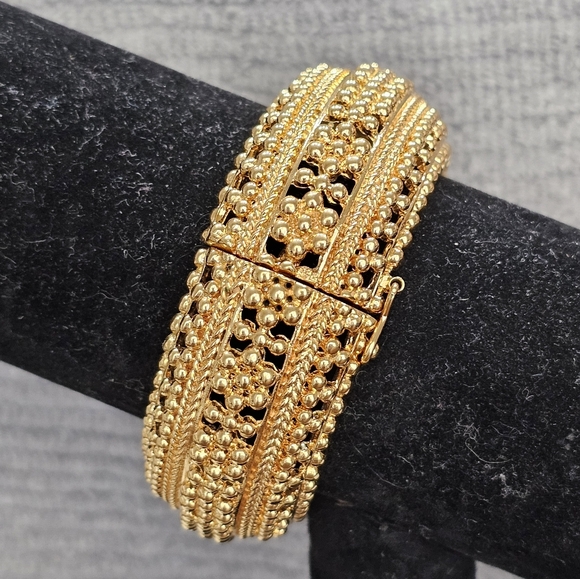 Golden Hinged Domed Cuff Bracelet with Safety Clasp Ornate Heavy - Picture 5 of 16